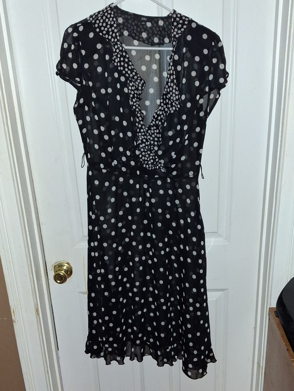 Zara Black and White Polka Dot Midi Dress with Ruffle V-Neck ..is Sheer